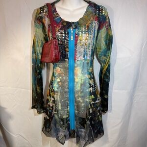 Fleur de Lis Y2K Sheer Abstract Zip Front Mesh Dress L